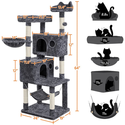 64.5"H Multi-Level Cat Tree Tower with Condos and Perches, Dark Gray