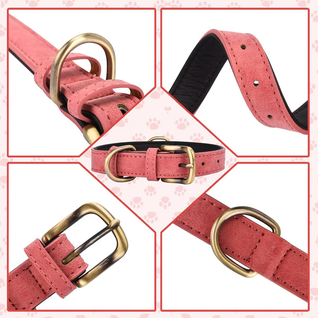 Leather Dog Collar for Small Medium Large Dogs Soft Breathable Padded Puppy Collar with Double D-Ring Adjustable Durable Strong Collar