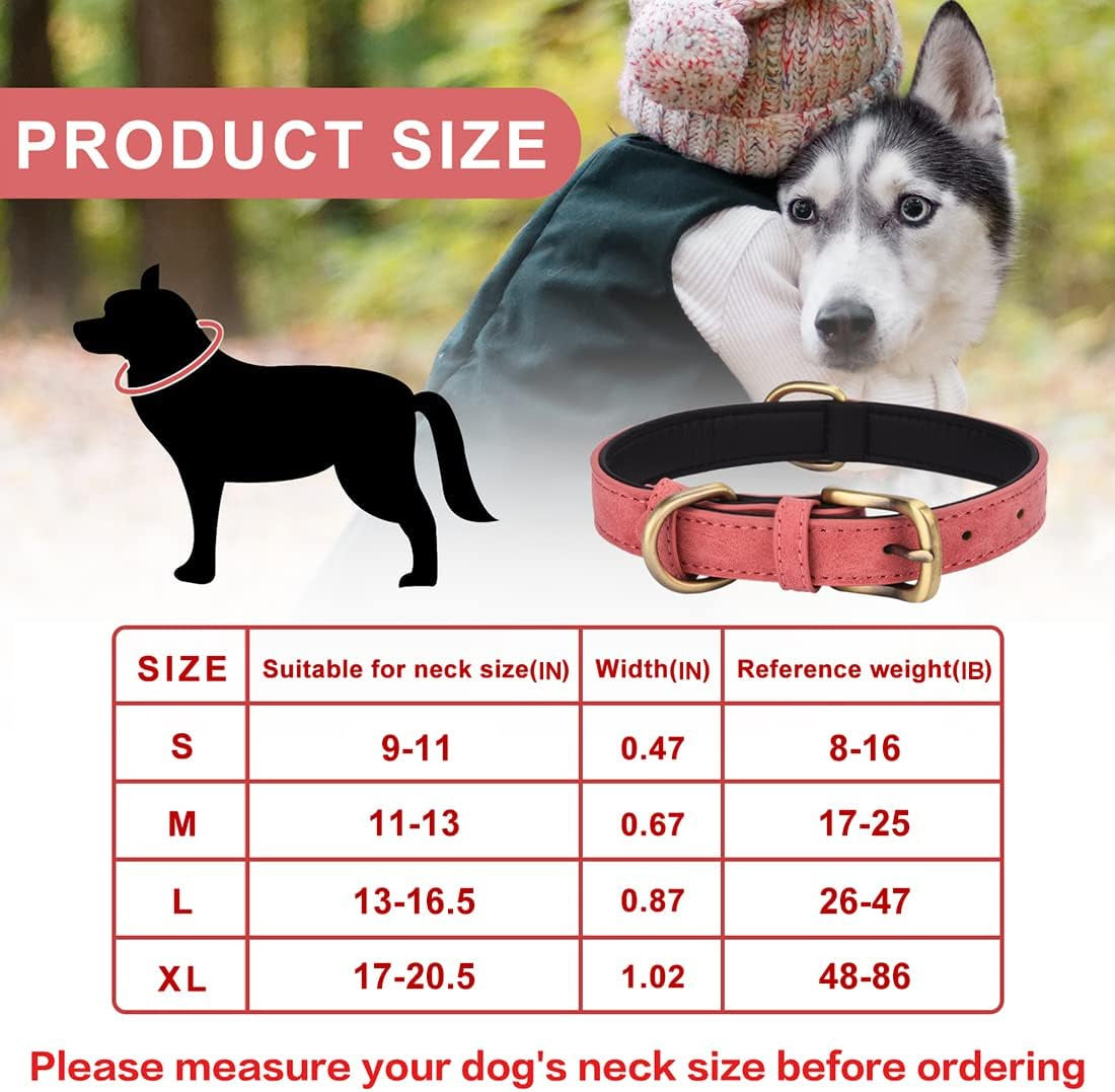 Leather Dog Collar for Small Medium Large Dogs Soft Breathable Padded Puppy Collar with Double D-Ring Adjustable Durable Strong Collar