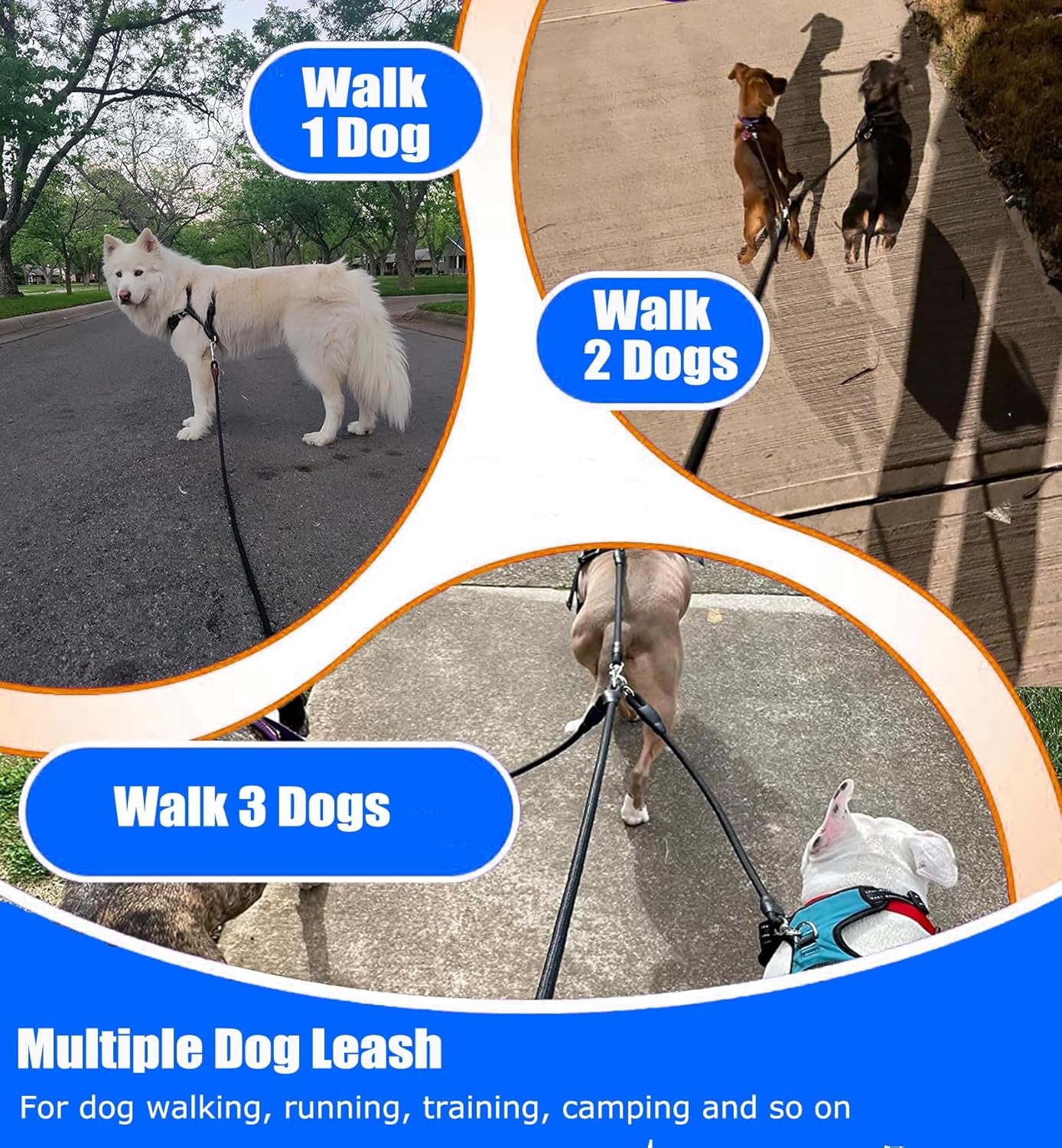 3 Dog Leash No Tangle Heavy Duty Detachable 360° Swivel Device Multiple Dog Leash with Padded Handle for Two/Three Pets (30-200 Lbs)