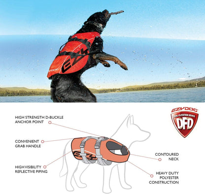 DFD Dog Life Jacket - Adjustable Swimming Safety Vest with Reflective Trim & Durable Grab Handle - 50% More Flotation Material - Small, Red