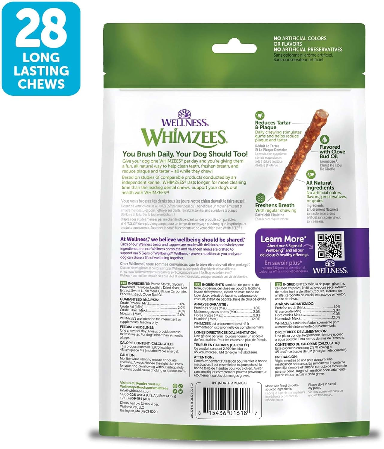 Wellness  Veggie Sausage Dog Dental Treats, Natural Chews, Small Size Stick, (28 Count)