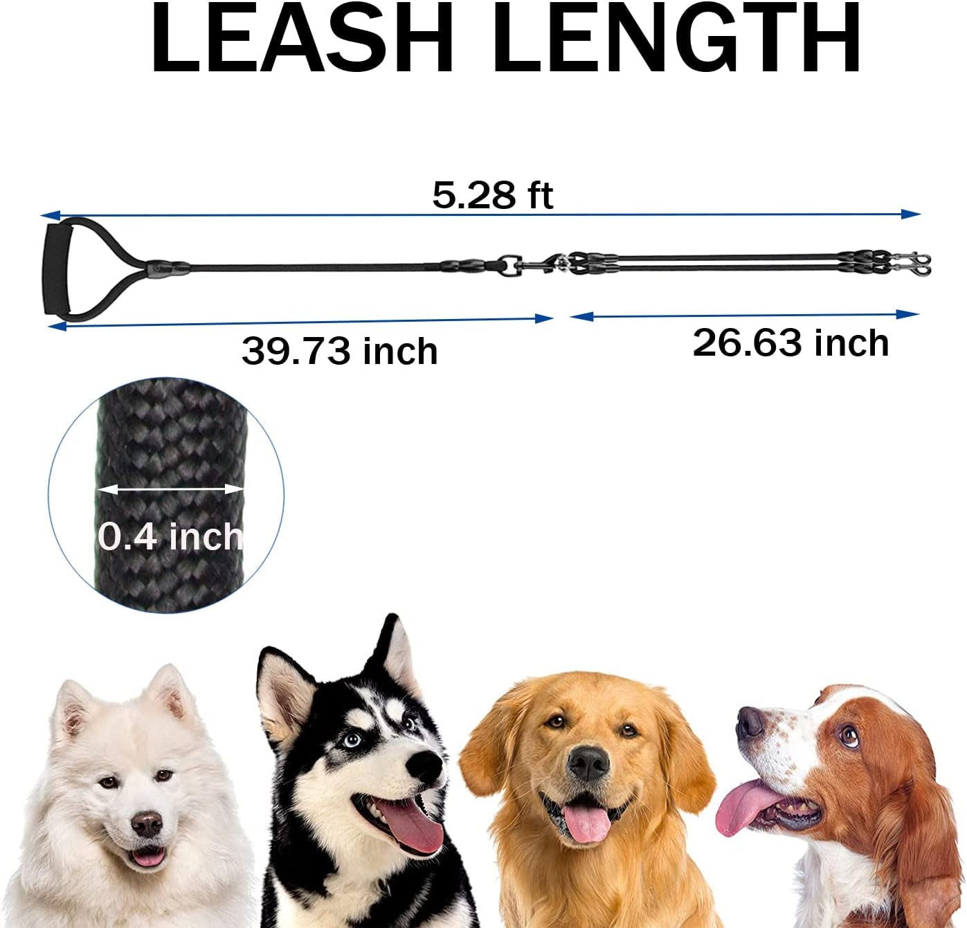 3 Dog Leash No Tangle Heavy Duty Detachable 360° Swivel Device Multiple Dog Leash with Padded Handle for Two/Three Pets (30-200 Lbs)