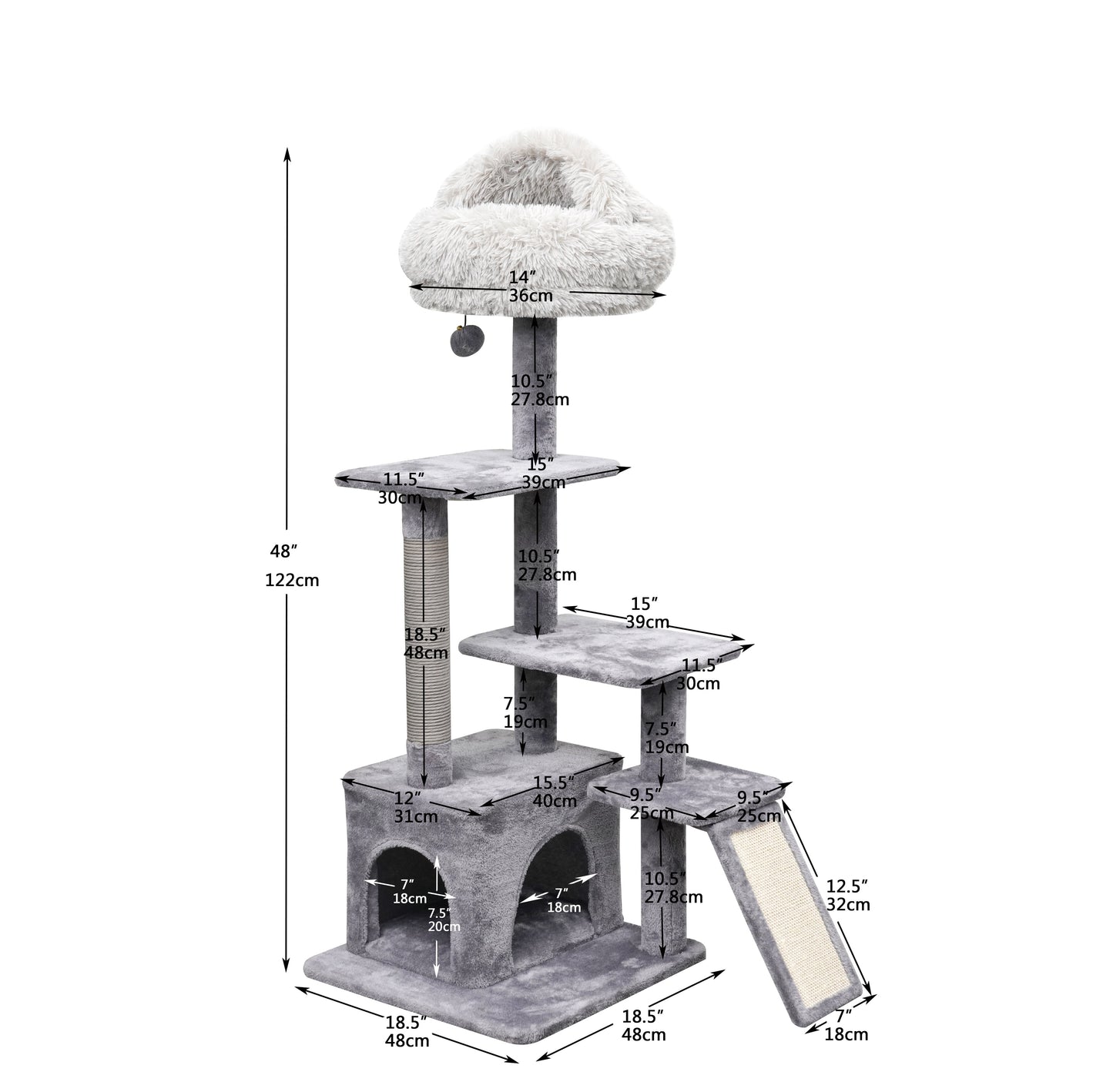 4-Level Grey Cat Tree with Condo and Scratching Pad, 48'' Height