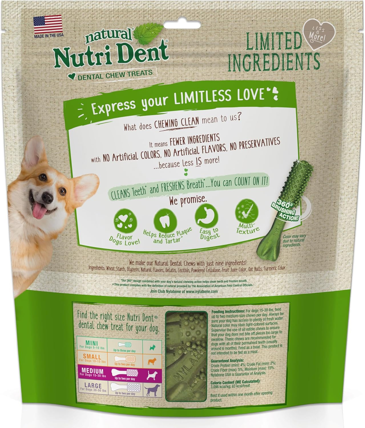 Nutri Dent Dog Dental Treats - Natural Dog Teeth Cleaning & Breath Freshener - Dental Treats for Dogs - Fresh Breath Flavor, Medium (40 Count)