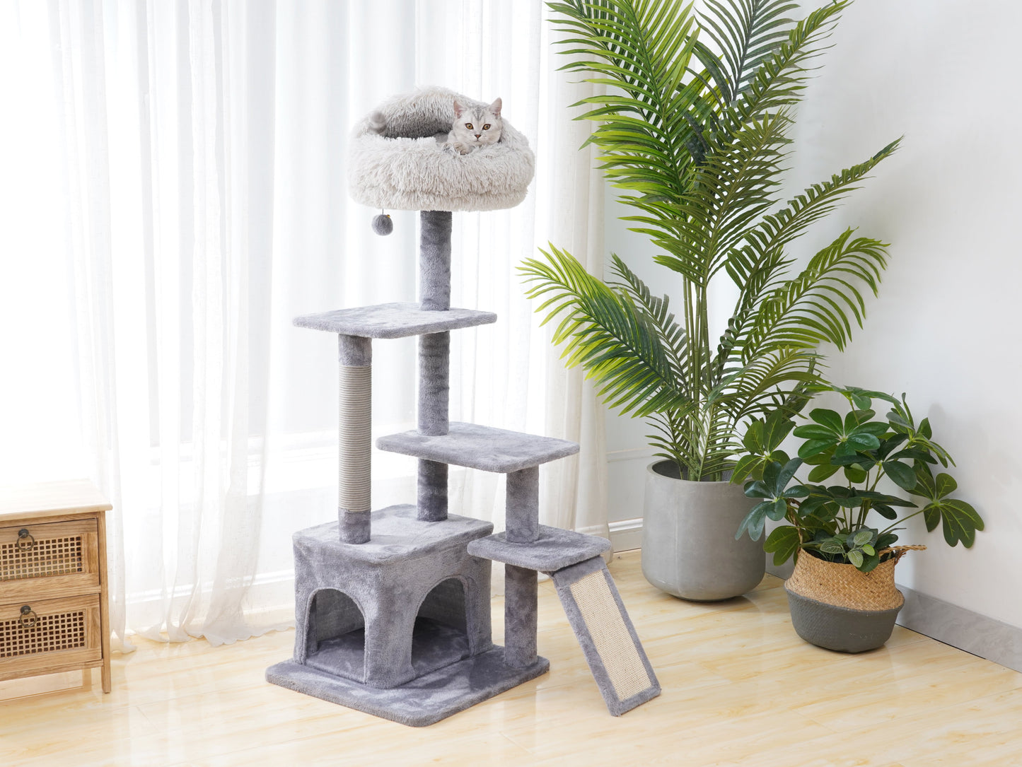 4-Level Grey Cat Tree with Condo and Scratching Pad, 48'' Height