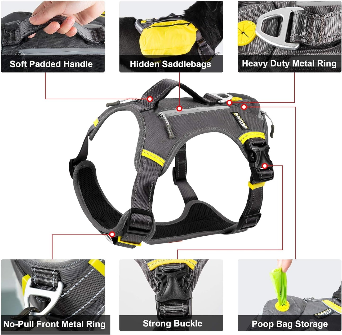 Dog Harness, Multi-Functional No-Pull Pet Vest Harness with Saddle Bags Backpack, Front Leash Clip, Adjustable Soft Padded Reflective No-Choke Dog Vest Heavy Duty for X-Large Dog, Xl,Black