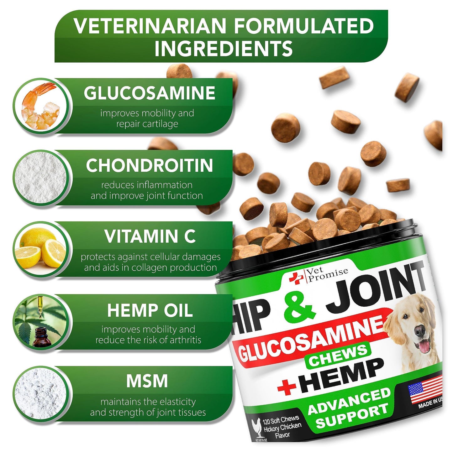 Hemp Hip and Joint Support Supplement for Dogs Glucosamine for Dogs 120 Chews