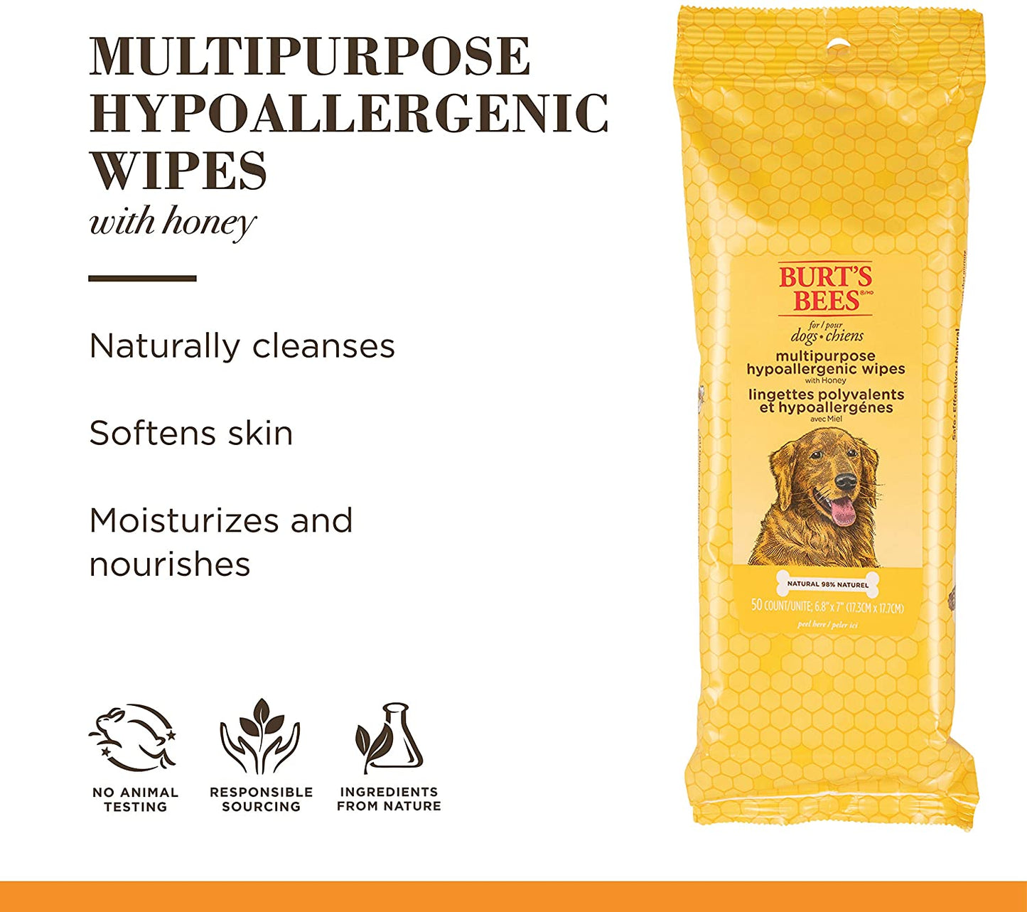 Multipurpose Dog Wipes with with Honey, 3Pk, 98% Natural Origin Formulas, Hypoallergenic Dog Wipes Cleaning, Dog Cleaning Wipes, Dog Wipes for Paws and Butt, Epk50Ct