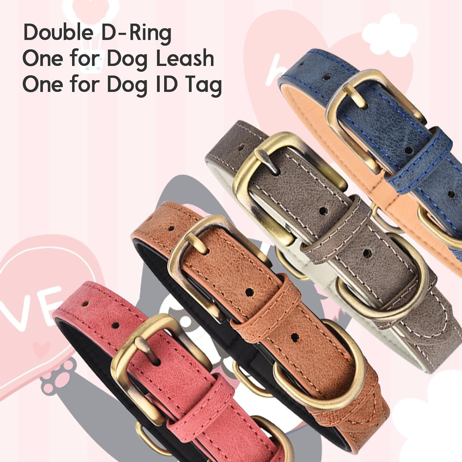 Leather Dog Collar for Small Medium Large Dogs Soft Breathable Padded Puppy Collar with Double D-Ring Adjustable Durable Strong Collar