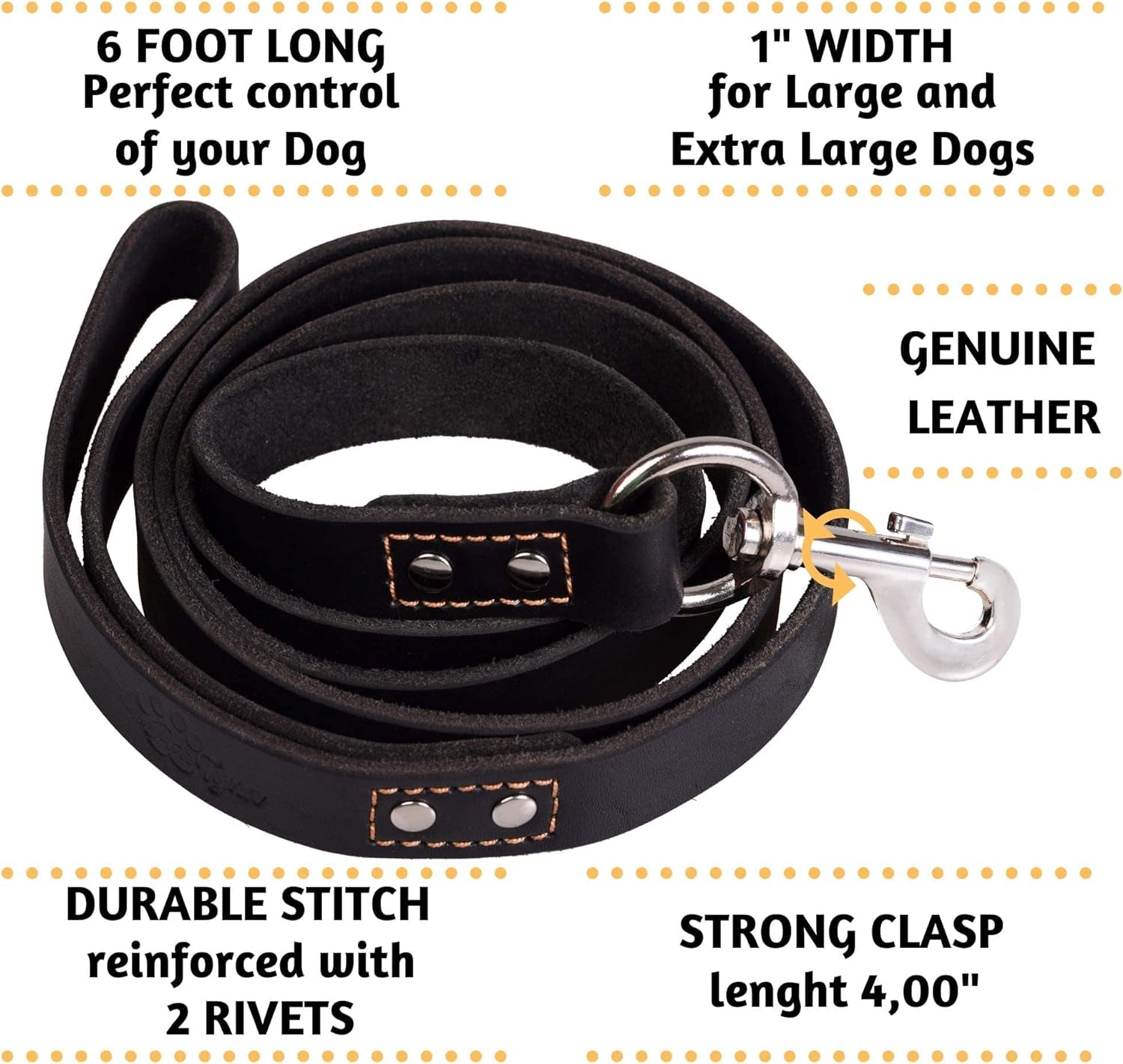 Heavy Duty Leather Dog Leash 6 Ft X 1" - Strong, Soft Training Lead for Large & Extra Large Breeds (XL - 6 Ft X 1 Inch, Black)