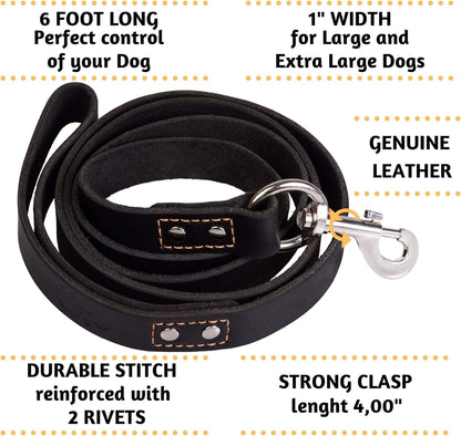 Heavy Duty Leather Dog Leash 6 Ft X 1" - Strong, Soft Training Lead for Large & Extra Large Breeds (XL - 6 Ft X 1 Inch, Black)