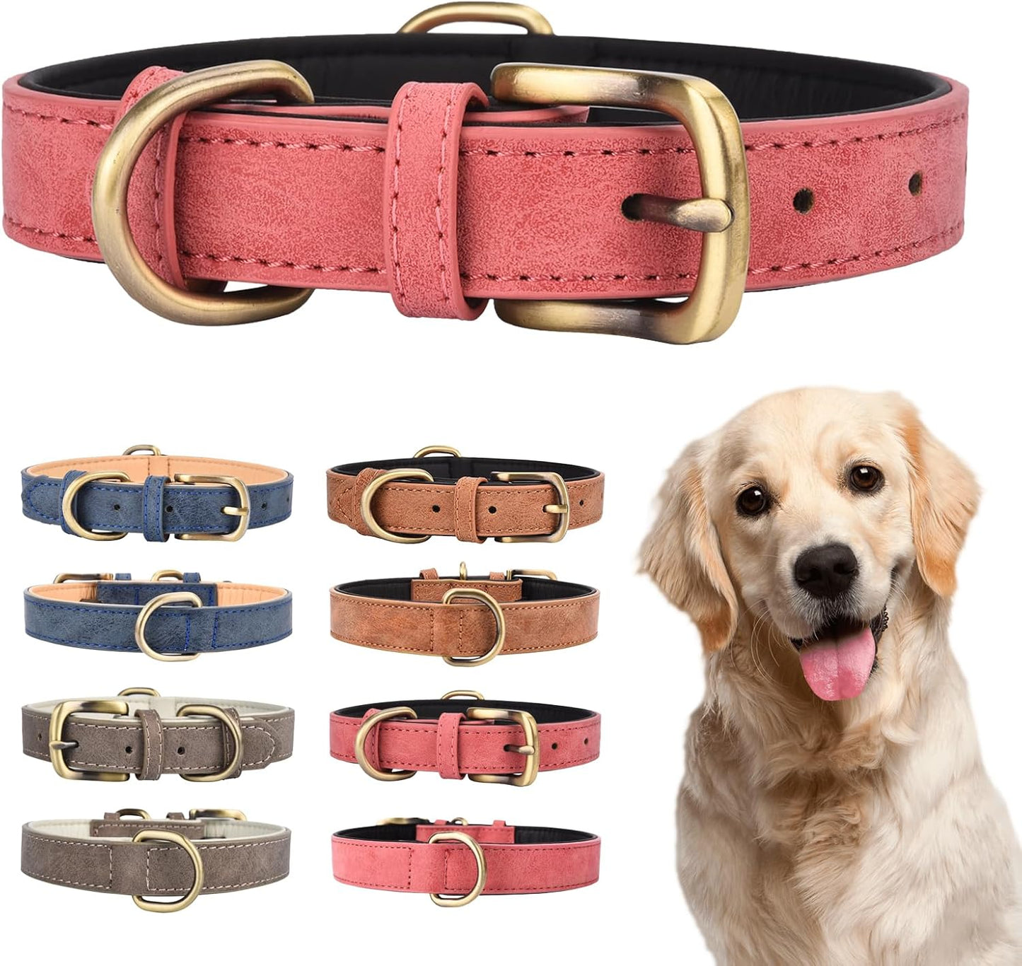 Leather Dog Collar for Small Medium Large Dogs Soft Breathable Padded Puppy Collar with Double D-Ring Adjustable Durable Strong Collar