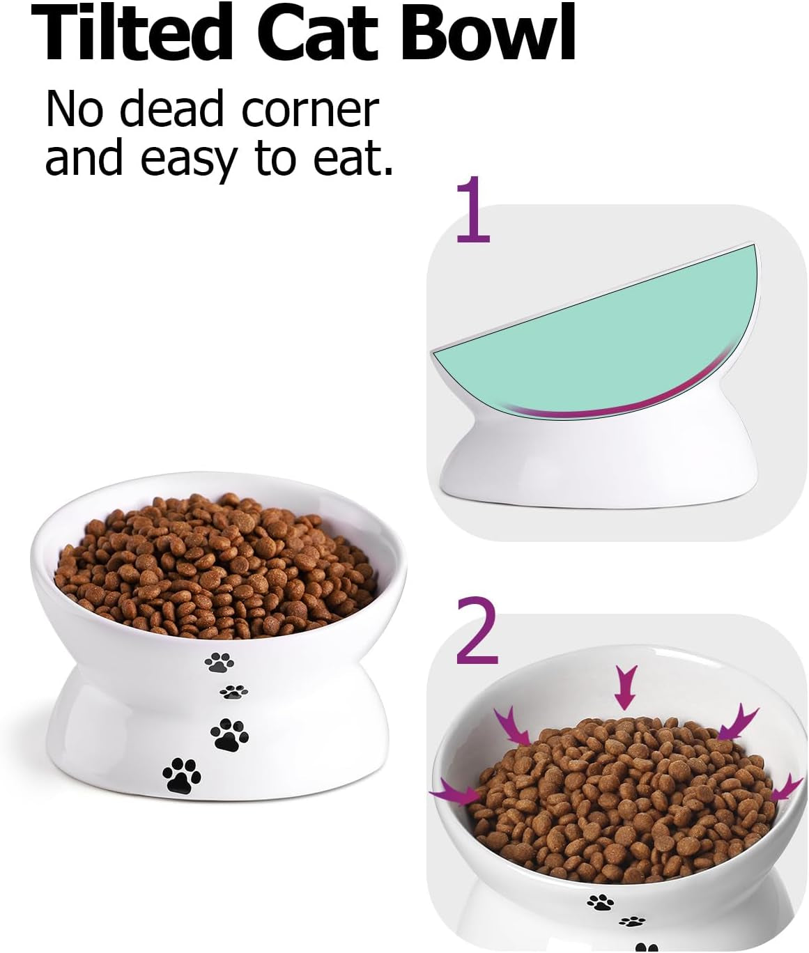 Cat Bowl anti Vomiting, Raised Food Bowls, Tilted Elevated Bowl, Ceramic Pet Food Bowl for Flat Faced Cats, Small Dogs, Protect Pet'S Spine, Dishwasher Safe (5 Inches, White)