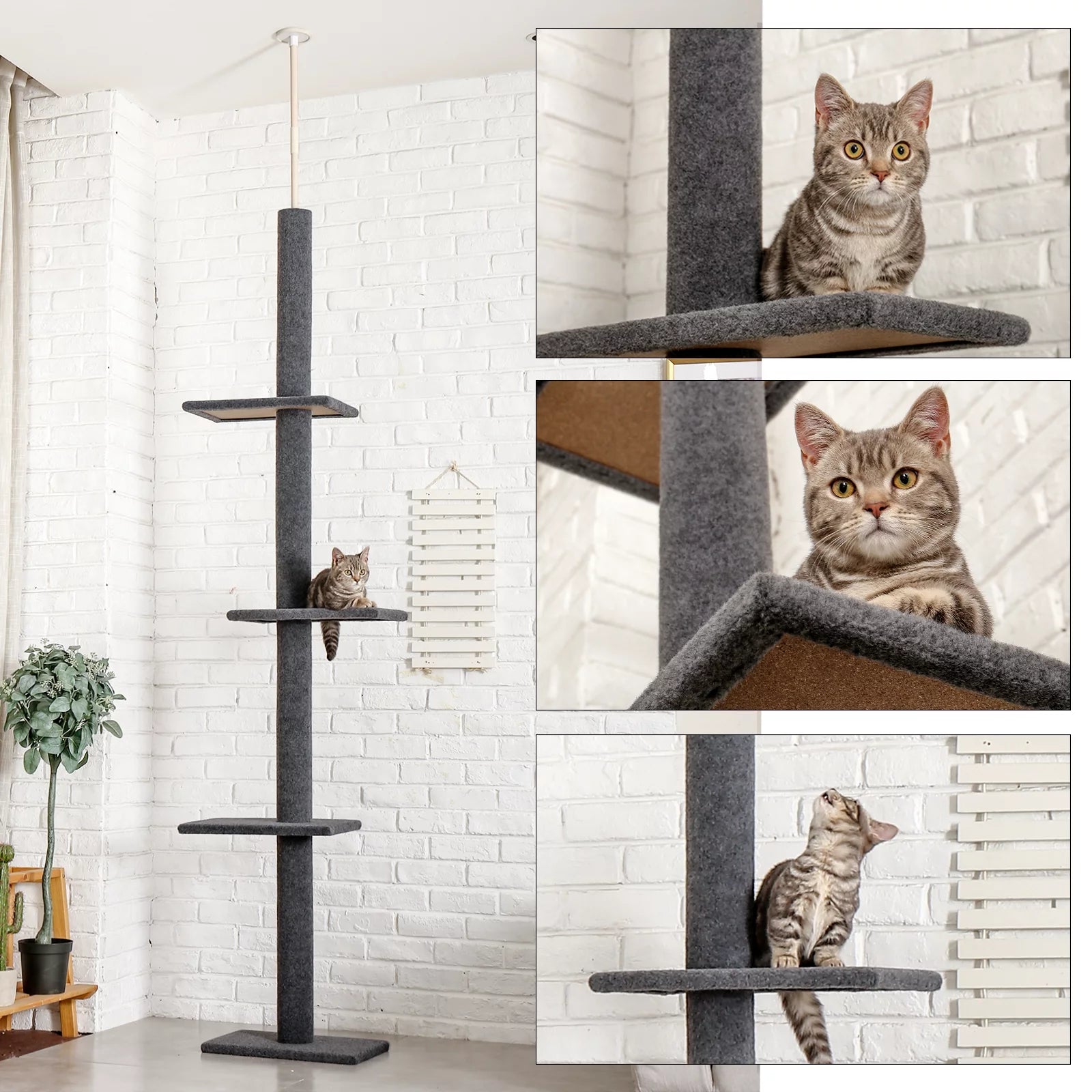 90-107" Floor to Ceiling Cat Tree Tower 4 Tier Tall Cat Climbing Posts Adjustable, Gray