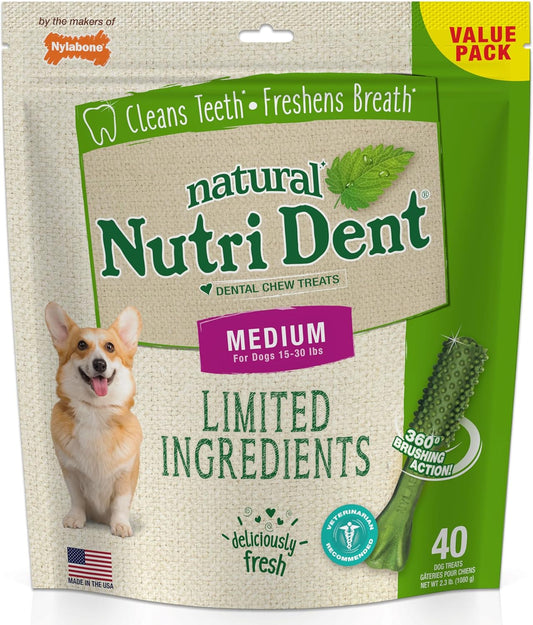 Nutri Dent Dog Dental Treats - Natural Dog Teeth Cleaning & Breath Freshener - Dental Treats for Dogs - Fresh Breath Flavor, Medium (40 Count)