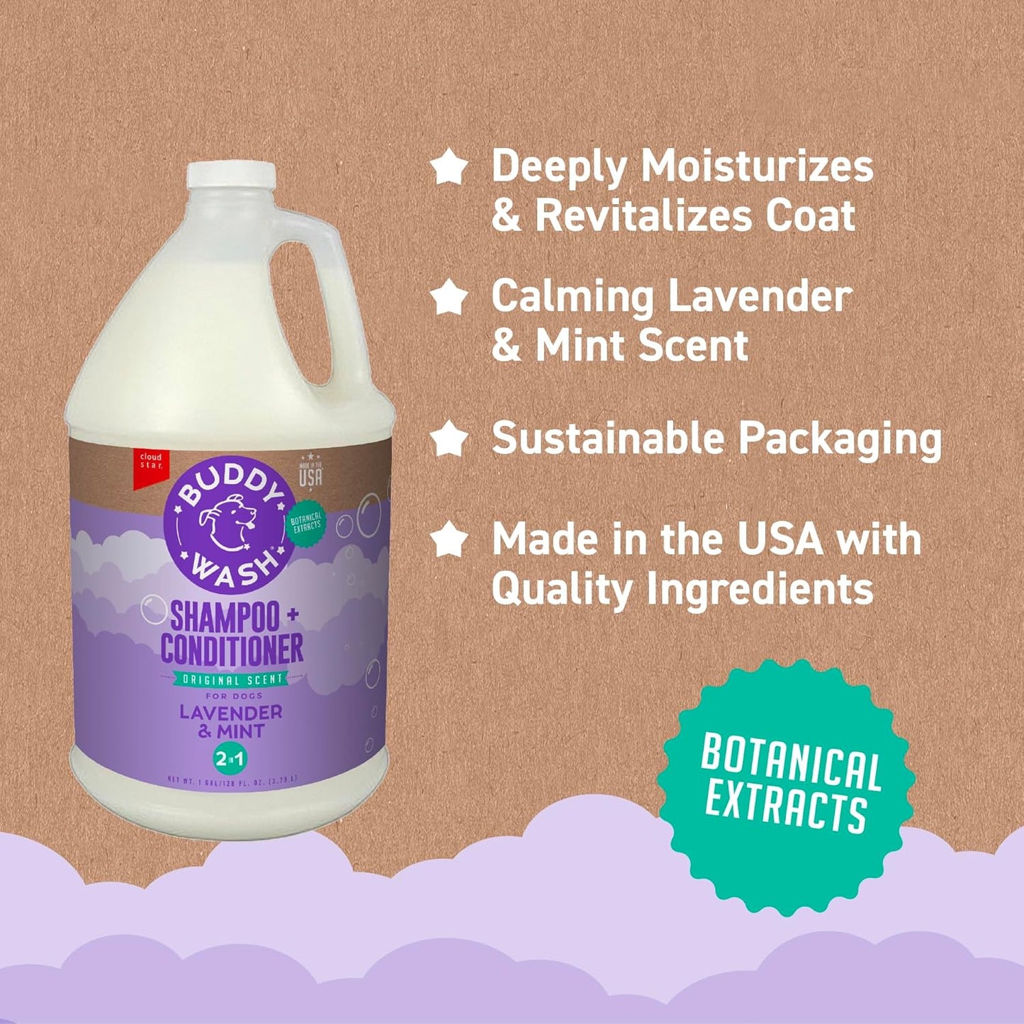 Buddy Wash 2-In-1 Dog Shampoo and Conditioner for Dog Grooming, Lavender & Mint, 1 Gal. Bottle