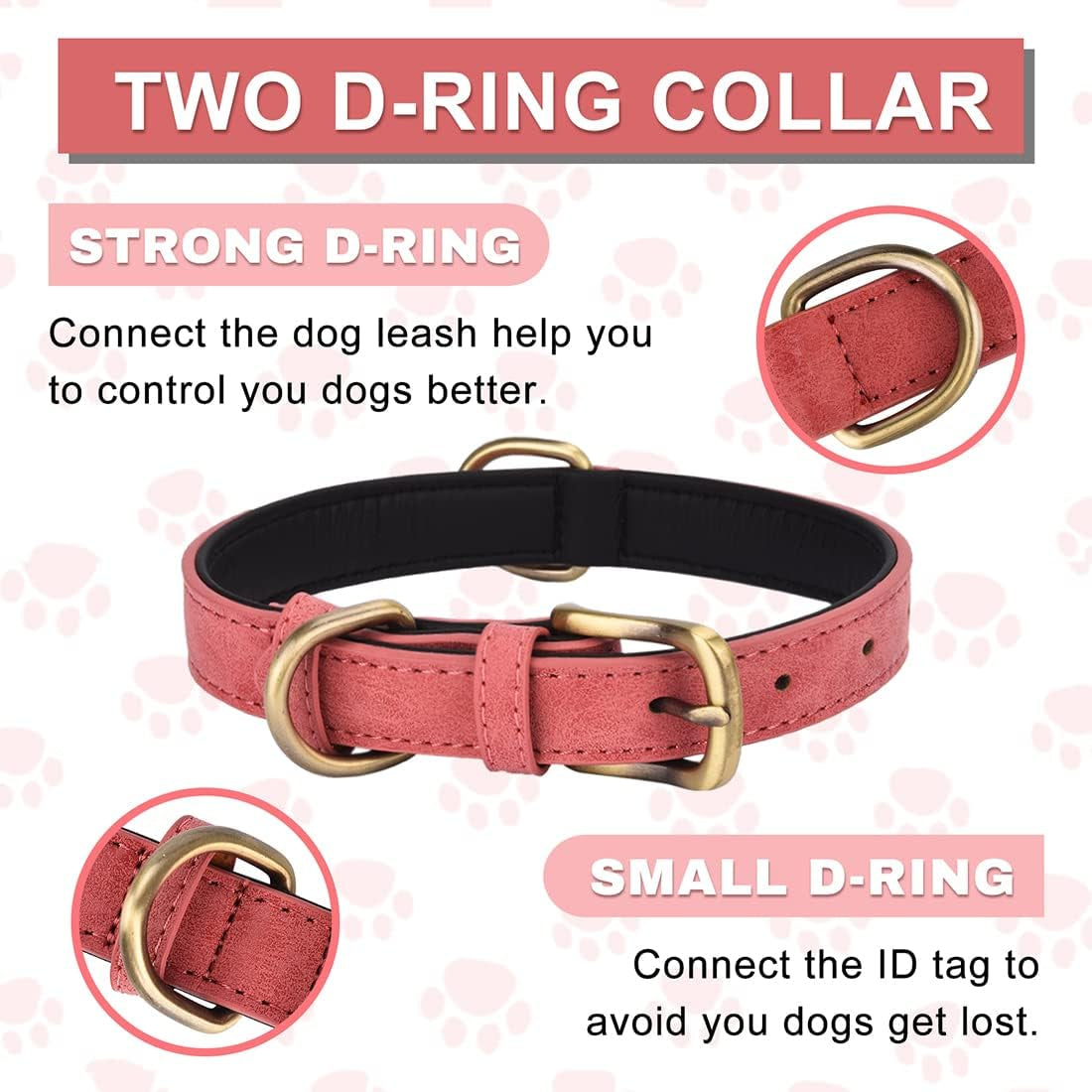 Leather Dog Collar for Small Medium Large Dogs Soft Breathable Padded Puppy Collar with Double D-Ring Adjustable Durable Strong Collar