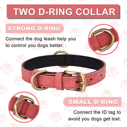 Leather Dog Collar for Small Medium Large Dogs Soft Breathable Padded Puppy Collar with Double D-Ring Adjustable Durable Strong Collar