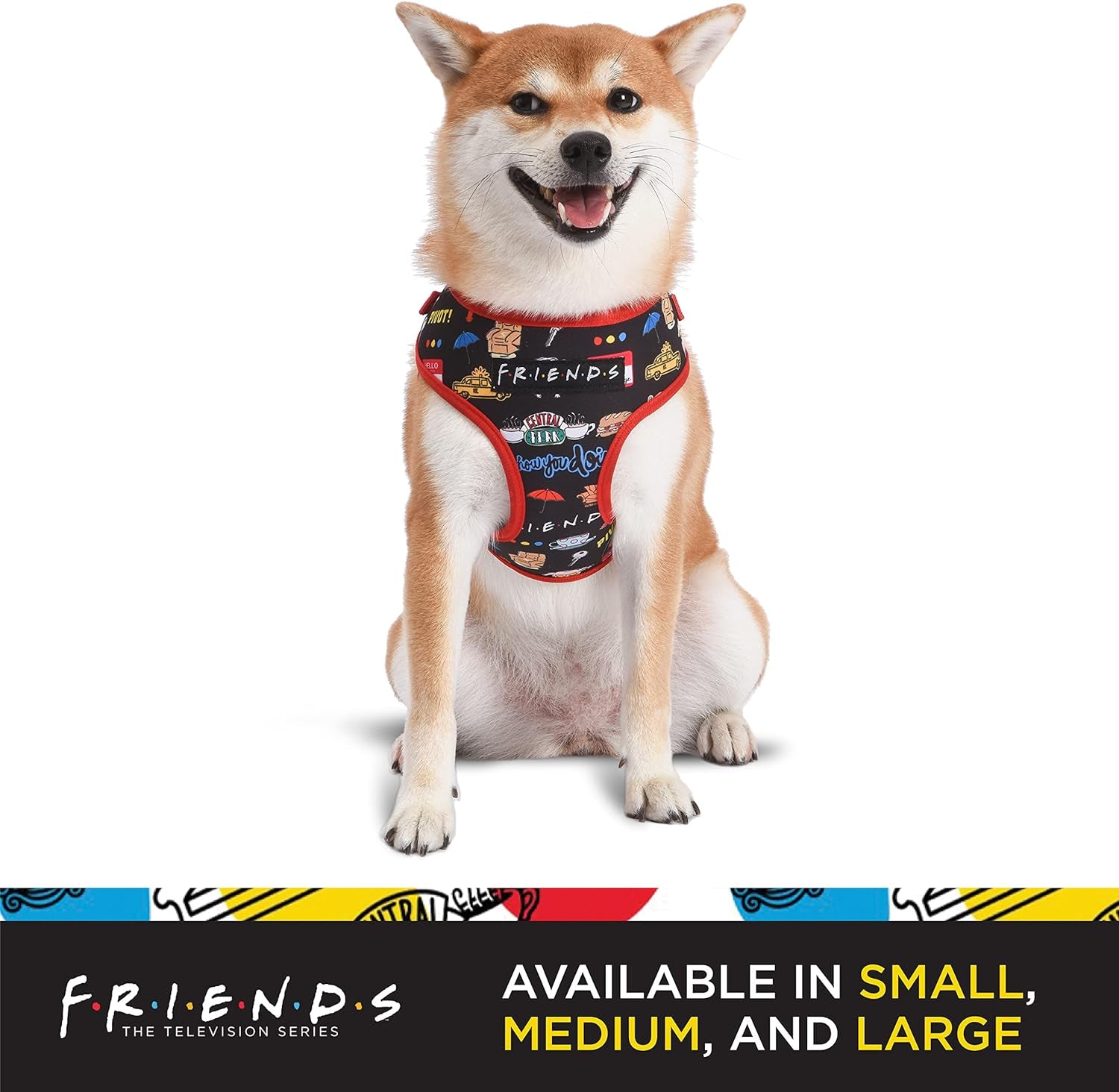 Iconic Graphics Dog Harness for Small Dogs, Small (S) | Black Small Dog Harness, No Pull Dog Harness with D-Ring | Machine Washable Friends Merch for Dogs from Friends TV Show