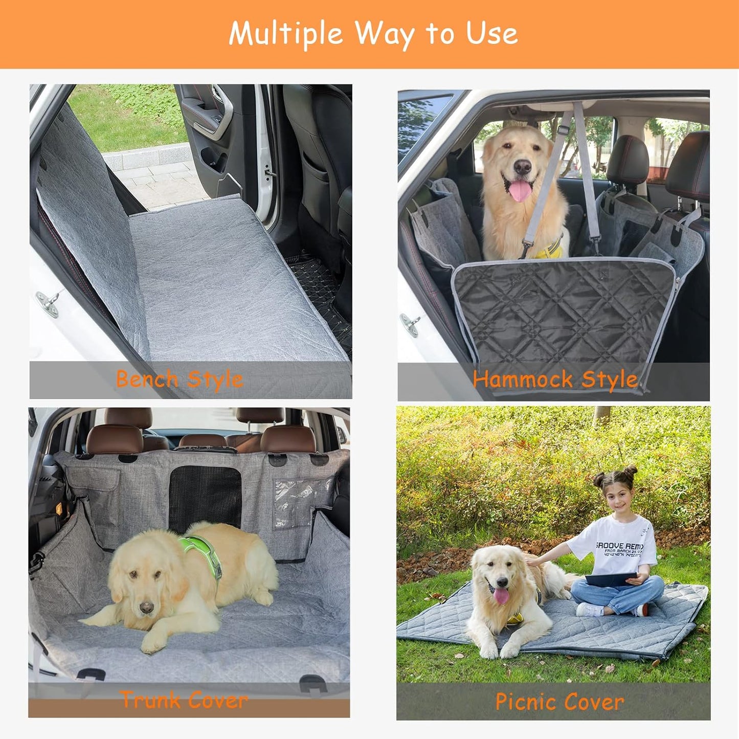 Car Dog Cover with Zipper- Car Hammock for Dogs Waterproof - Dog Car Seat Cover for Back Seat with Mesh Window Big Pocket for Car/Suv Nonslip Rubber Back Washable Luxury Material