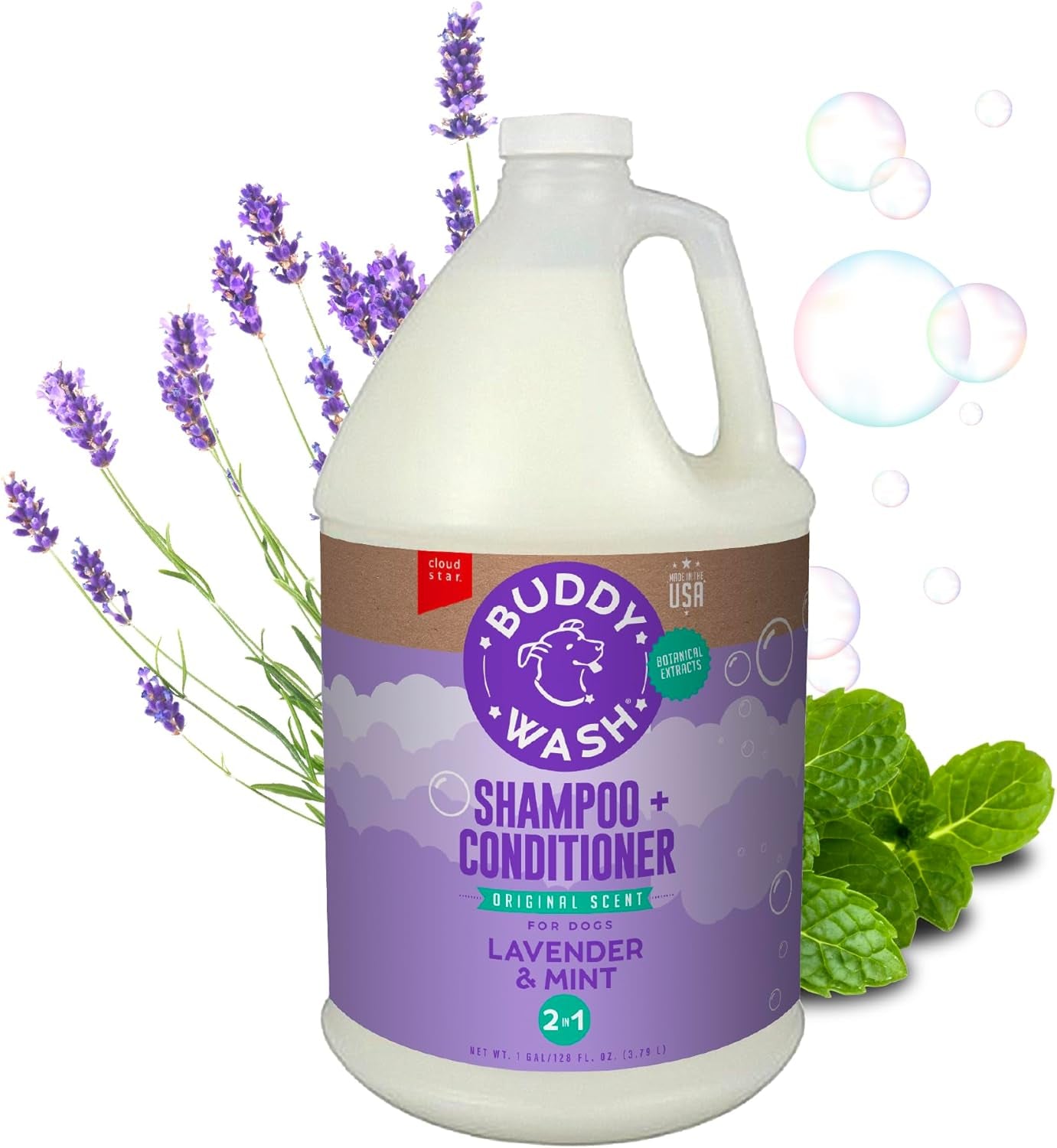 Buddy Wash 2-In-1 Dog Shampoo and Conditioner for Dog Grooming, Lavender & Mint, 1 Gal. Bottle