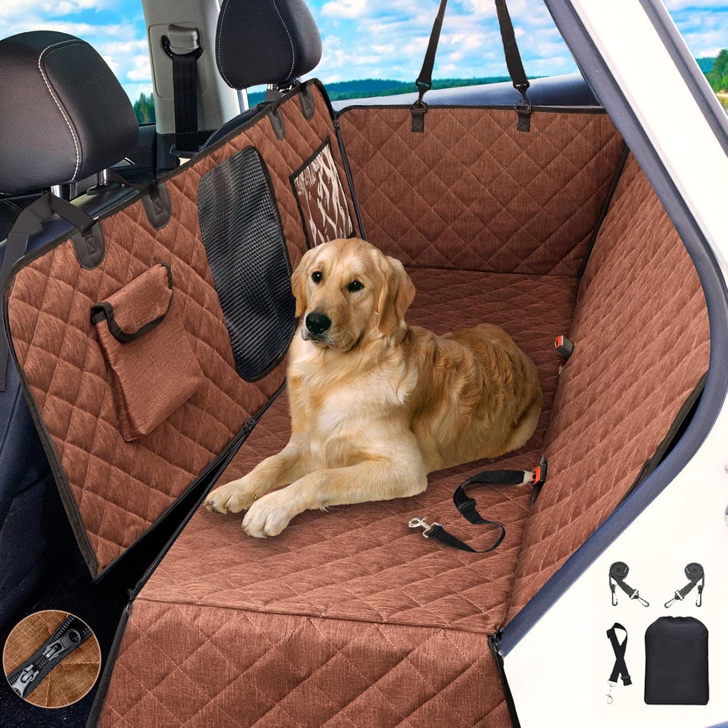 Car Dog Cover Back Seat - Car Hammock for Dogs Waterproof - Dog Car Seat Cover for Back Seat with Mesh Window Big Pocket for Car/Suv Nonslip Rubber Back Washable Luxury Material