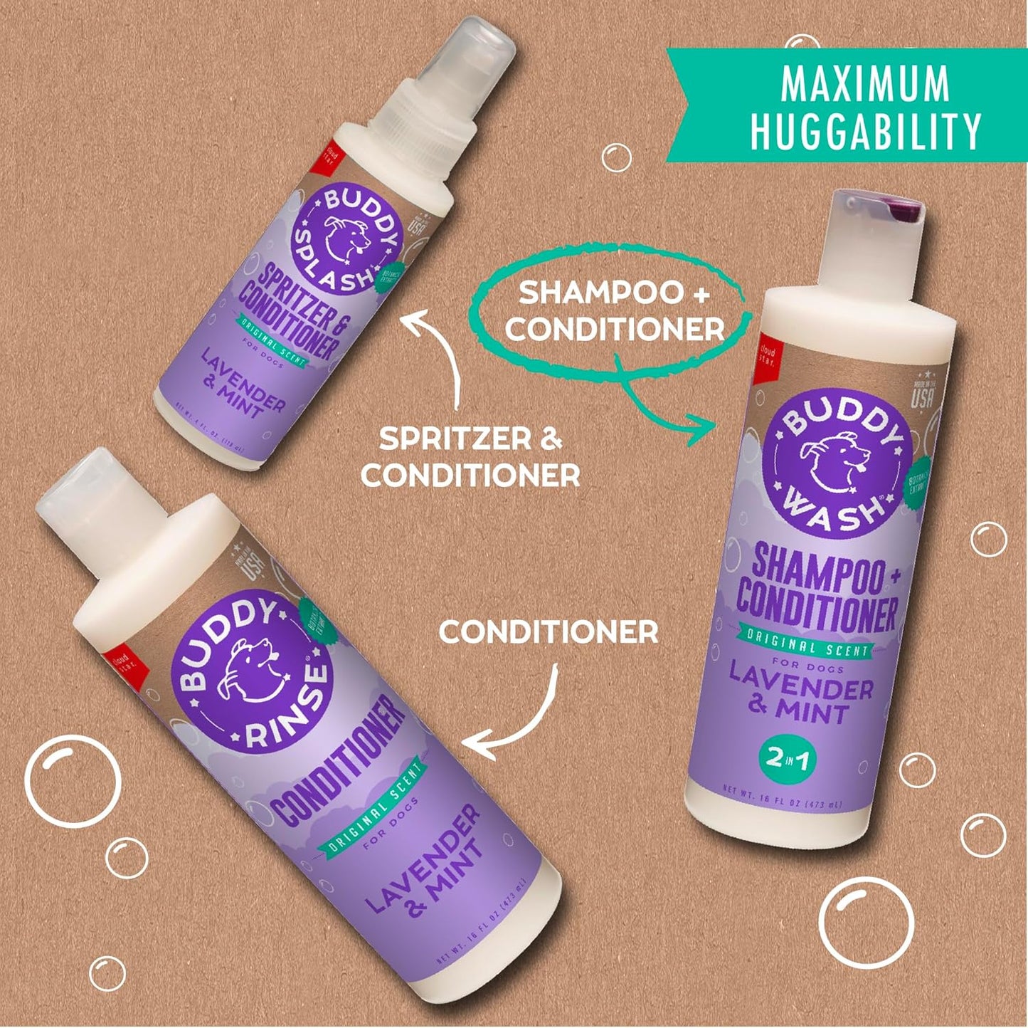 Buddy Wash 2-In-1 Dog Shampoo and Conditioner for Dog Grooming, Lavender & Mint, 1 Gal. Bottle