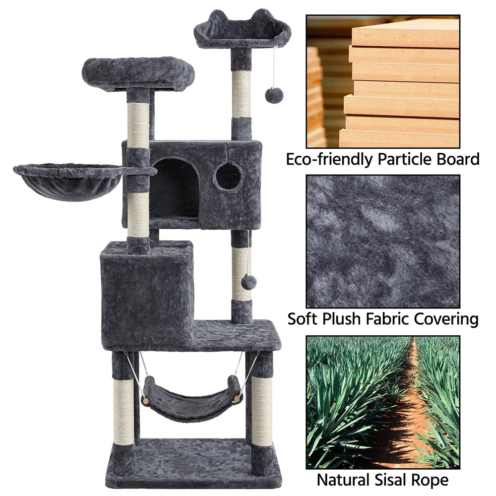 64.5"H Multi-Level Cat Tree Tower with Condos and Perches, Dark Gray