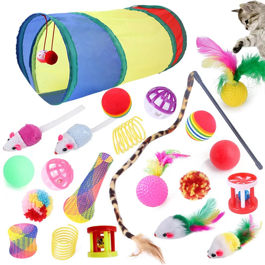 22Pcs/Set Cat Toys Tunnel Assortments, Portable Funny Feather Teaser Catnip Colorful Ball Tunnel Interactive Toys for Cat Puppy Kitty Kitten Rabbit Indoor Playing