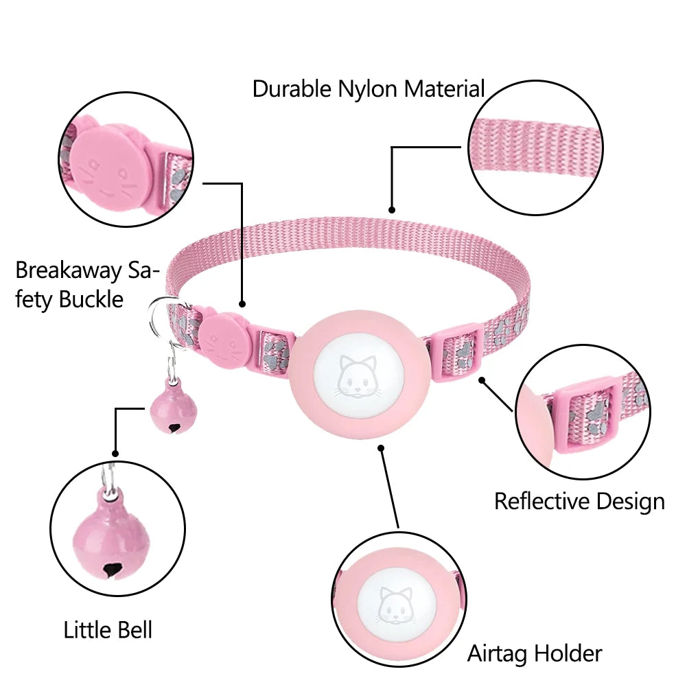 Cat Collar, Reflective Airtag Cat Collar with Bell,Pink, 1Pcs