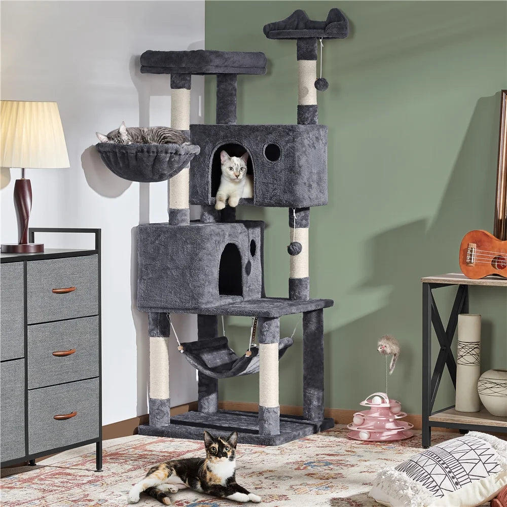 64.5"H Multi-Level Cat Tree Tower with Condos and Perches, Dark Gray