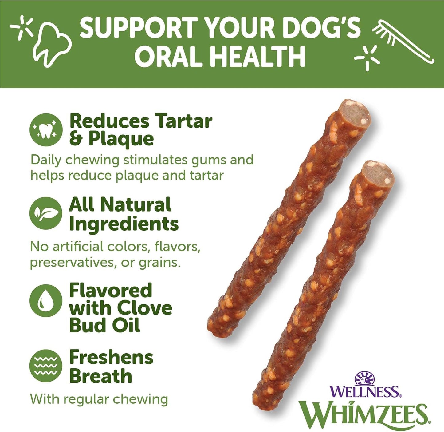 Wellness  Veggie Sausage Dog Dental Treats, Natural Chews, Small Size Stick, (28 Count)